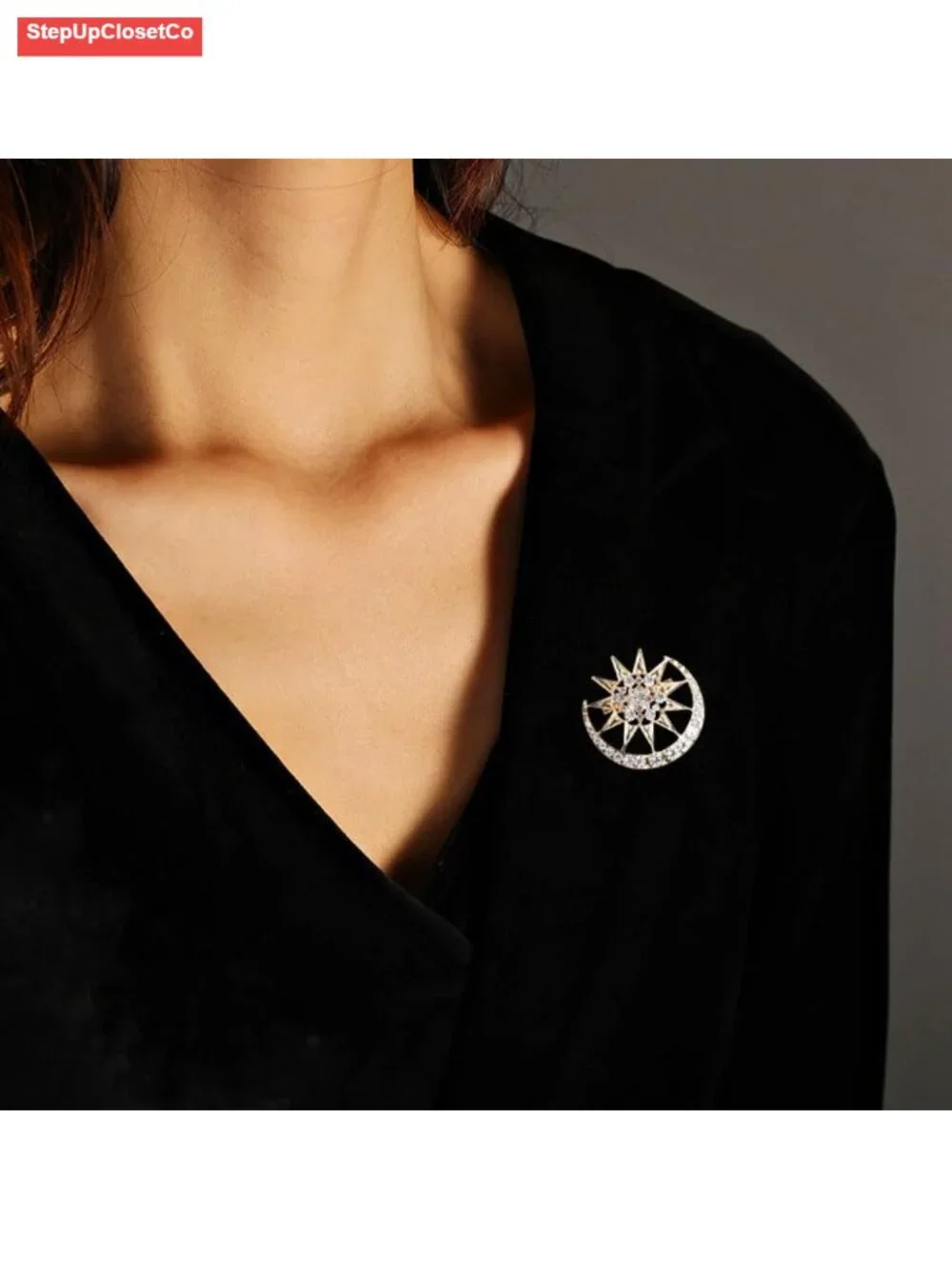 Crystal Sun Crescent Moon Brooch Pin Shiny Lapel Badge for Bag Hat Jacket
